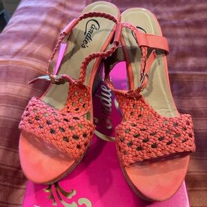 Candie’s Coral Wedge Sandals Size 8 Braided Strappy Cork Platform Summer Boho